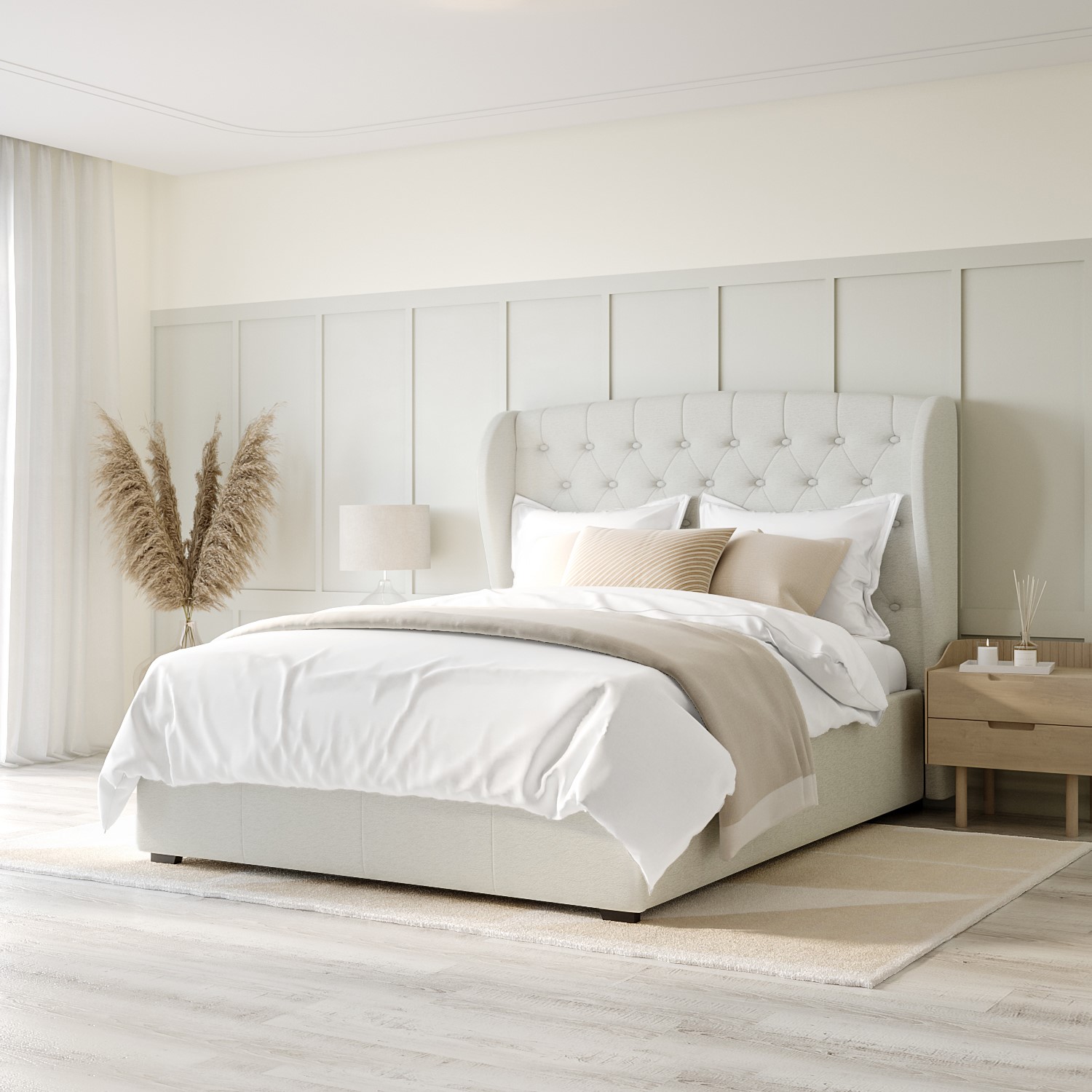 Read more about Cream fabric king size ottoman bed with winged headboard safina